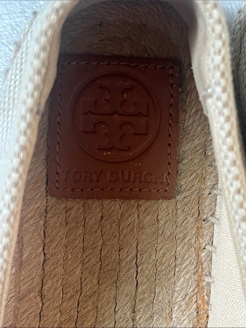 Tory Burch Cream Canvas Espadrille Flats with Brown Leather Toe Cap